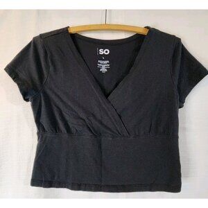SO Juniors Blouse Tee Short Sleeve Cropped Wrap V-neck Pullover Black Size Large
